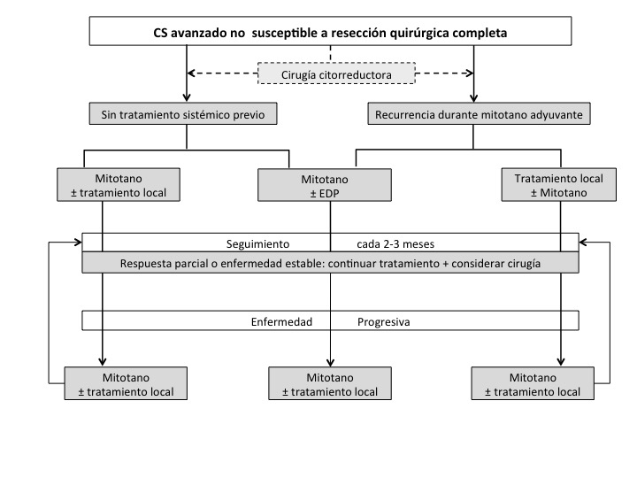 Fig. 6. Diagrama de flujo para el tratamiento de CS avanzado no susceptible a resección quirúrgica. EDP: Etopósido, Doxorrubicina, cisplatino