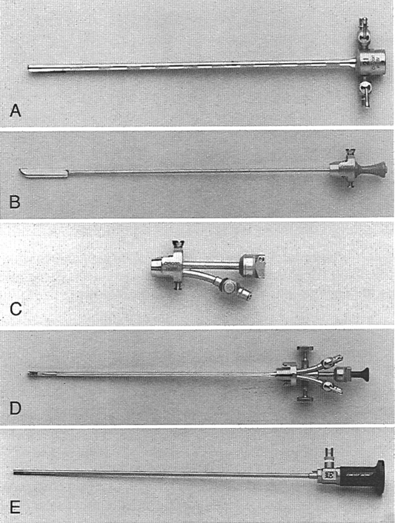 Fig. 13. El cistoscopio rígido está compuesto por una camisa de metal, con la que se ensambla una fuente de agua (A), un obturador (B), un puente (C), un sistema deflector (D) y lentes conectados a la fuente de luz (E). (Extraído de Campbell Walsh Urología 10ª Ed. Principios básicos de la cirugía urológica)